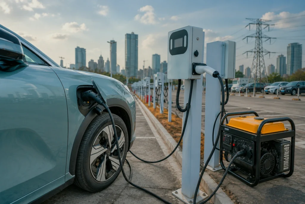 Electric vehicle charging beside power transmission infrastructure in Nigeria