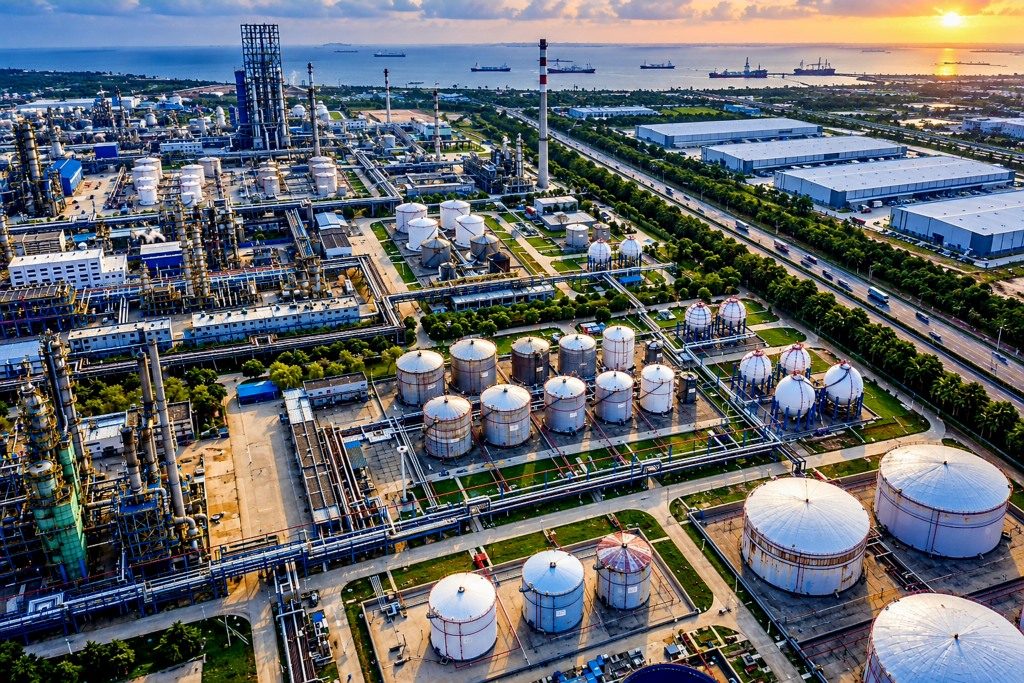 aerial view of an oil refinery complex with storage tanks near a coastline.