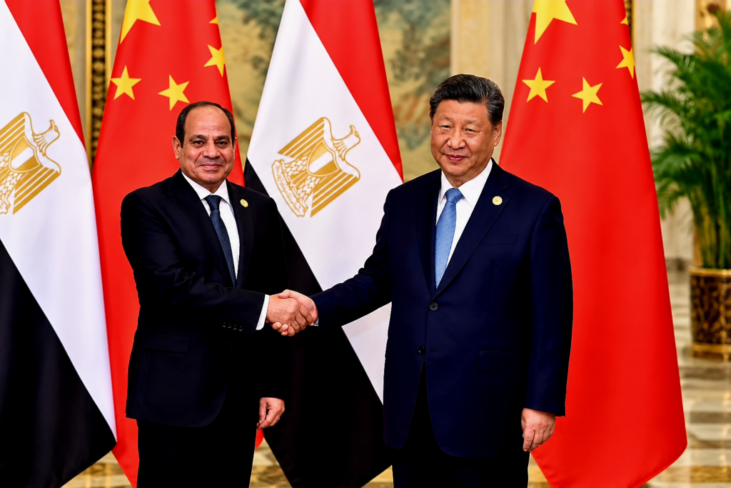 egyptian president abdel fattah al sisi and chinese president xi jinping shaking hands between their national flags.