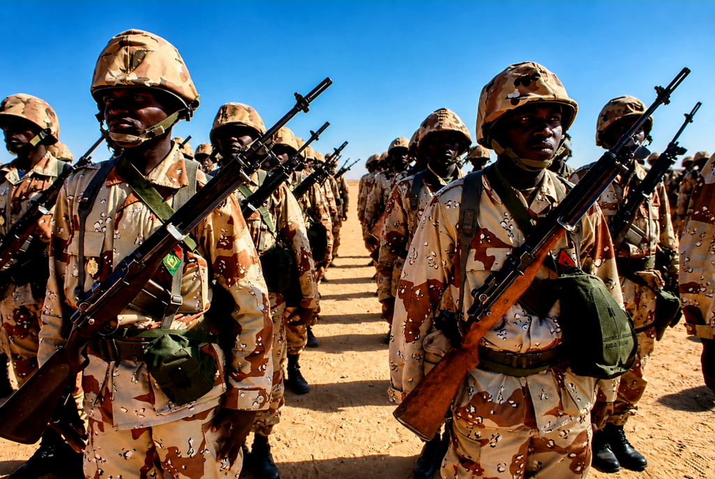 soldiers in desert camouflage uniforms carrying rifles while standing in formation.