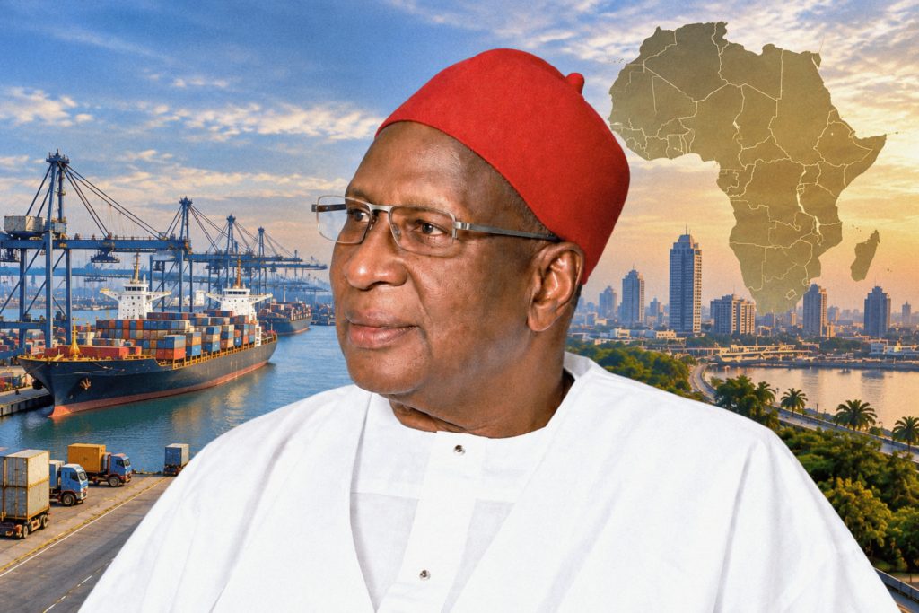 tribute portrait of alhaji bamanga muhammad tukur with african trade business and continental imagery in the background 2