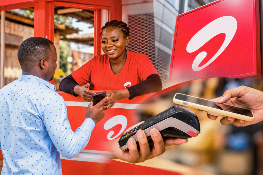 Illustration combining an Airtel service counter, a customer using a phone and a mobile payment terminal.