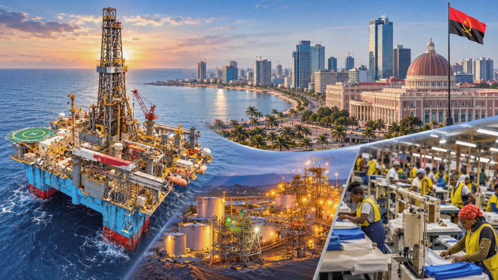 Illustrative composite of Luanda, the Angolan flag, an offshore rig, industrial facilities and garment workers.