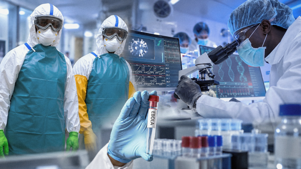 Illustration combining laboratory researchers, protective equipment and an Ebola-labelled sample tube.