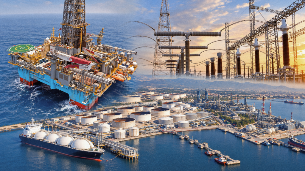 Illustrative composite of an offshore drilling rig, fuel storage terminal, LNG tanker and electricity infrastructure.