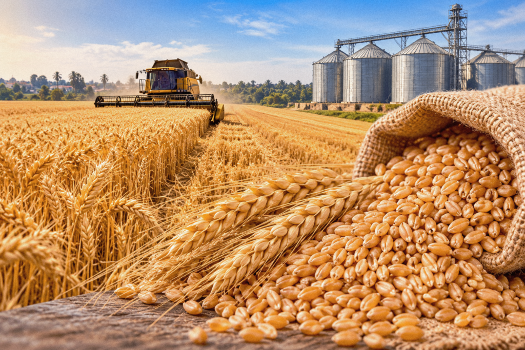 Illustration of a wheat harvest, grain silos and a sack of wheat.