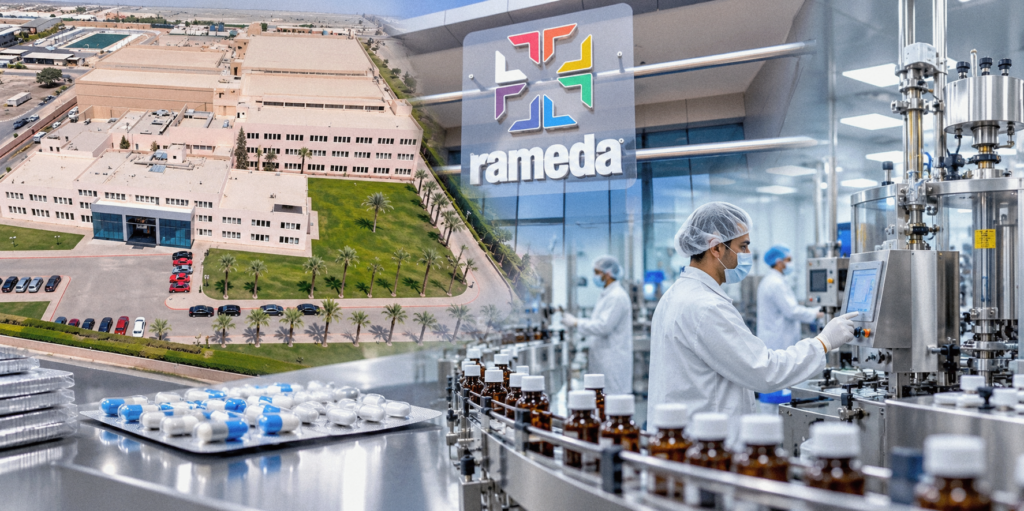 Illustration combining Rameda branding, pharmaceutical facilities, medicine packs and a production line.