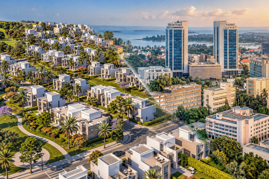 Illustration of landscaped residential developments and city buildings.