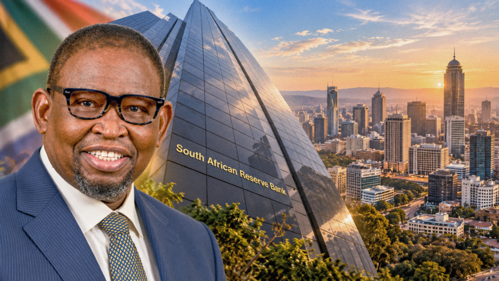 Composite illustration of a suited man, the South African flag, a building labelled South African Reserve Bank and a city skyline.
