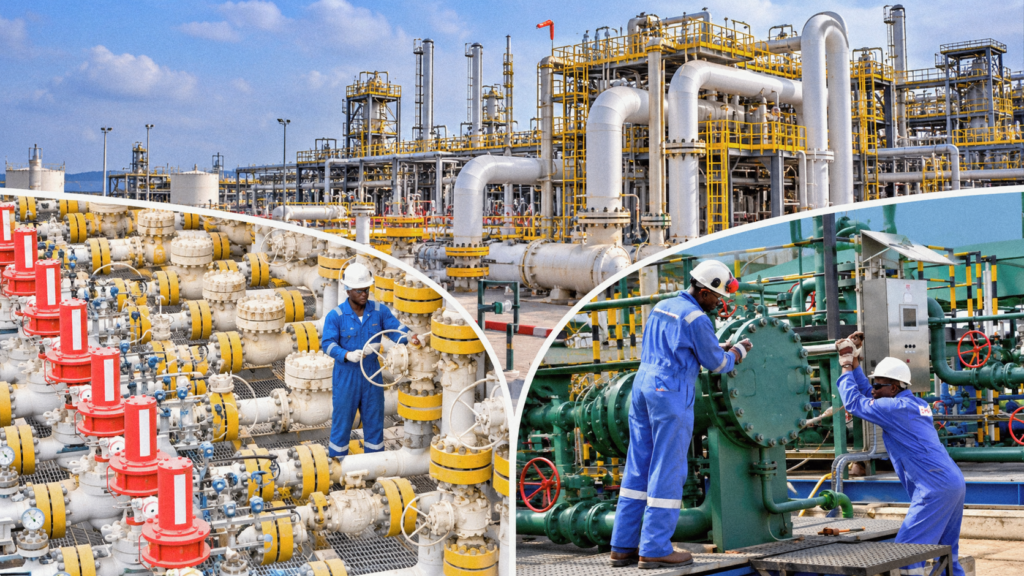 Composite illustration of energy facilities, pipelines and workers maintaining industrial equipment.