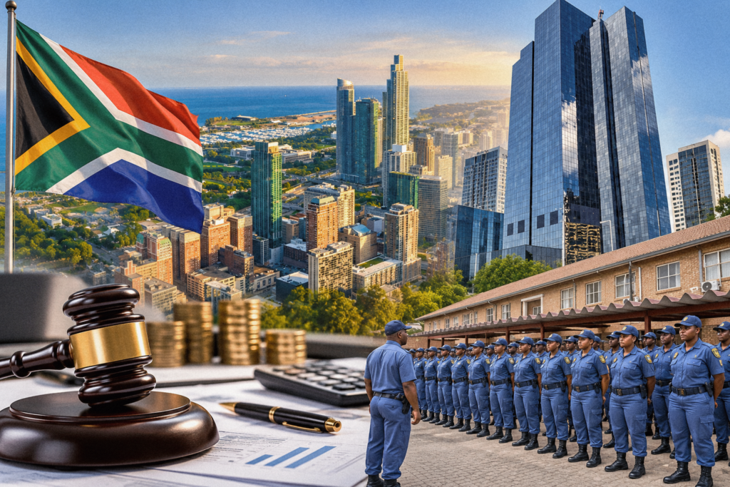 Illustrative montage of the South African flag, city buildings, police officers, coins and a judge’s gavel.