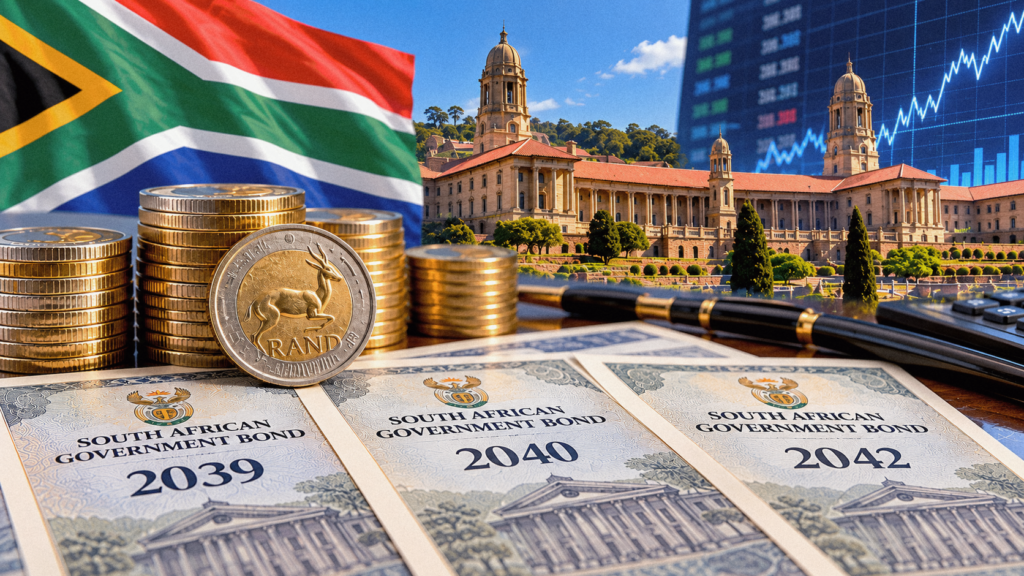 Illustration of South African government bonds dated 2039, 2040 and 2042, rand coins and government buildings.