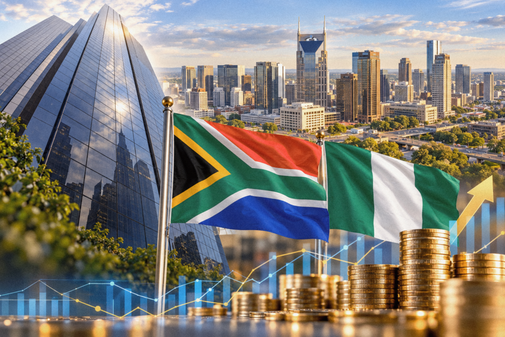 Illustration combining the South African and Nigerian flags, city buildings, coins and economic charts.