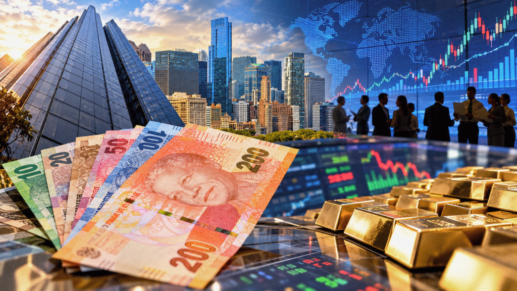 Illustration combining South African rand notes, a city skyline, financial charts and gold bars.