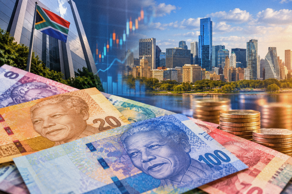 Illustrative montage of South African rand banknotes, coins, a flag and financial charts.