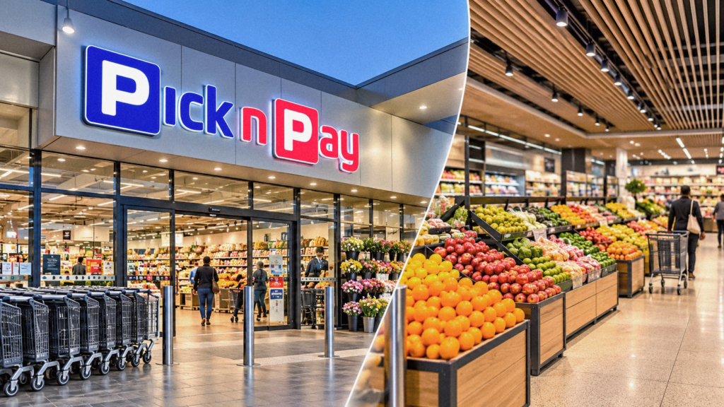 Illustration showing a Pick n Pay storefront and a supermarket produce section.