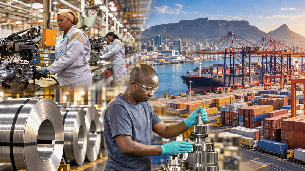 Composite illustration of manufacturing workers, metal coils and a container port.