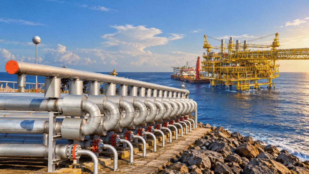 Illustration of gas pipelines beside the sea and an offshore energy platform.