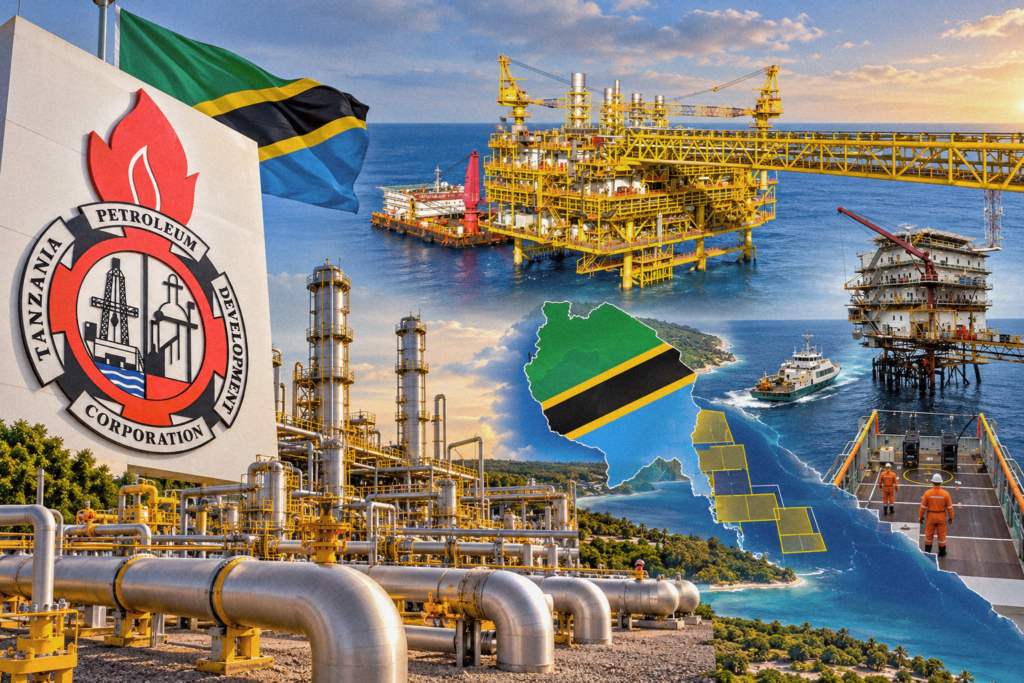 Illustrative montage of TPDC branding, the Tanzanian flag, pipelines and offshore energy platforms.