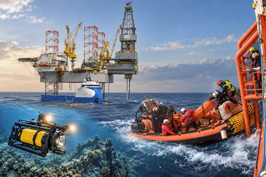 Illustration of an offshore rig, rescue crews and an underwater remotely operated vehicle.