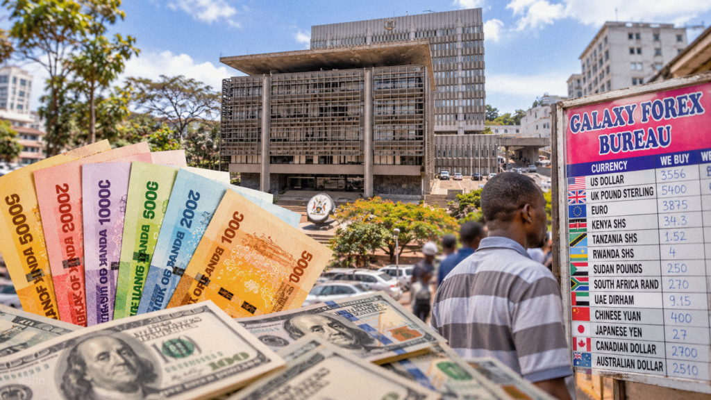 Illustration combining Ugandan shilling and US dollar notes, a central bank building and a foreign-exchange board.