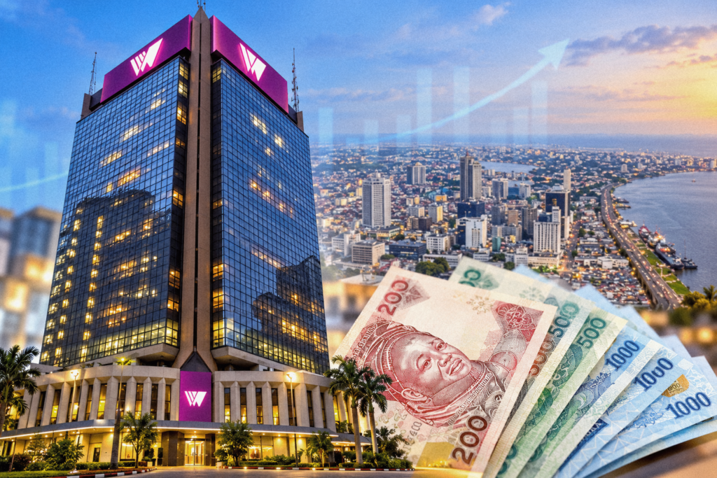 Illustrative composite of a Wema-branded bank building, Lagos skyline and Nigerian naira banknotes.